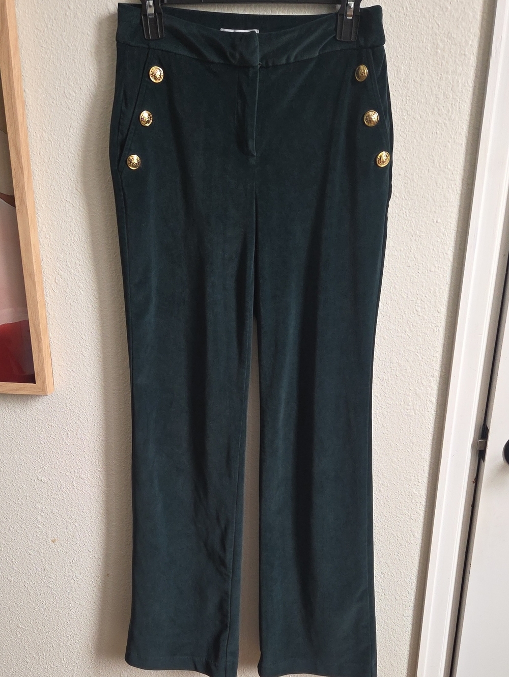 Maison D'Amelie-High-Rise Wide-Leg Women’s Pants in Dark Green with Gold Buttons